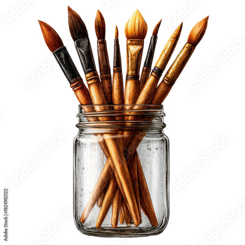 Artistic illustration of wooden paintbrushes arranged in a clear glass preserving jar. Stylized textured drawing isolated on a white background