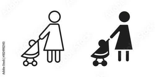 Woman with Baby Stroller icons in simple black style symbol sign for apps and website