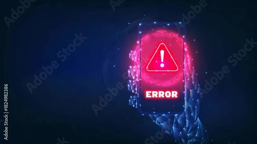 A digital hand holding a smartphone displaying an error message, signifying issues in technology or software.