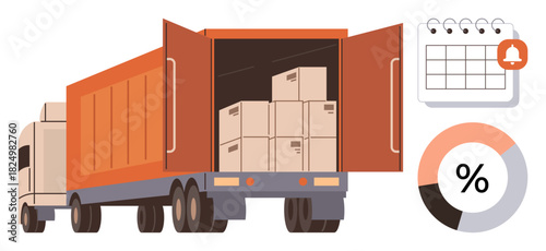 Truck with open cargo, filled boxes, calendar, and chart. Ideal for logistics, supply chain, planning, delivery scheduling transportation statistics. Simple flat metaphor