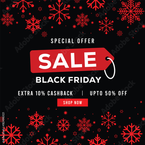 Black Friday sale banner with red price tag, white sale text and decorative snowflakes on black background, featuring special offer message, extra cashback and discount promotion.
