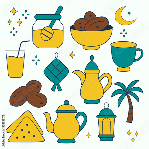 Ramadan iftar food doodle set with a sweet doodle illustration pack such as dates, sambosa, tea cup, teapot, kurma bowl, and small lanterns. 