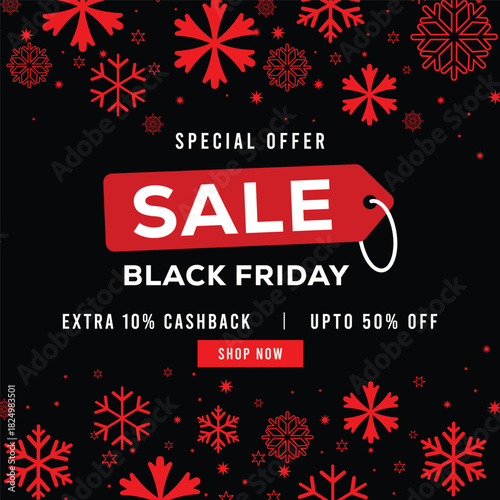 Black Friday sale banner with red price tag, white sale text and decorative snowflakes on black background, featuring special offer message, extra cashback and discount promotion.