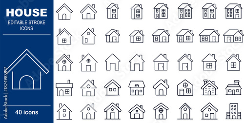 House and Residential Property Vector Icons. Set of 40 editable stroke symbols for real estate, architecture, and home concepts. Includes various house styles and structures