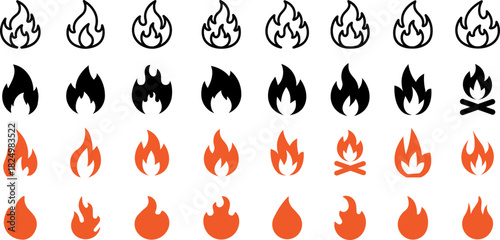 Fire and Flame Vector Icons. Collection of 40 editable symbols for heat, danger, and energy in multiple styles. Includes outlines, silhouettes, and colored flames