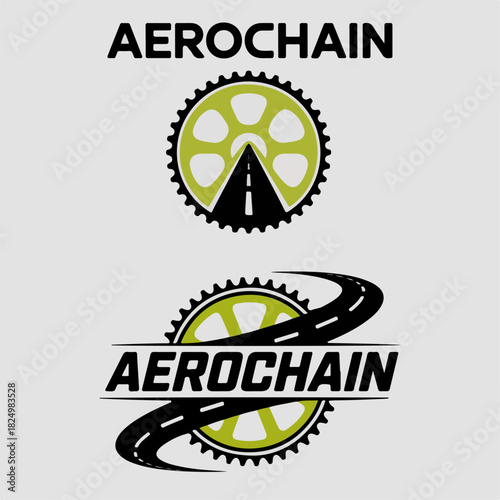 Aerochain cycling gear crest set with chainring road icon and swoosh ring, modern bicycle brand logo marks for racing clubs, repair shops and apparel