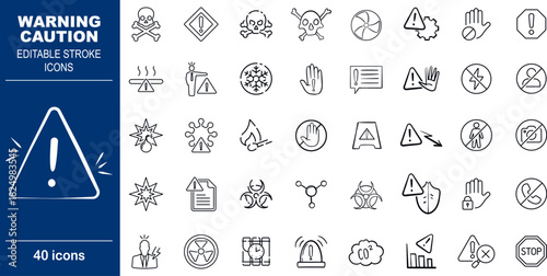 Warning and Caution Hazard Vector Icons. Set of 40 editable stroke symbols for safety signs, alerts, and danger warnings. Includes exclamation mark and biohazard symbols