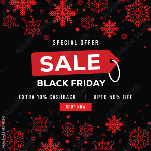 Black Friday sale banner with red price tag, white sale text and decorative snowflakes on black background, featuring special offer message, extra cashback and discount promotion.