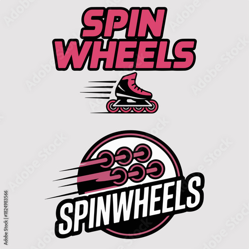 Spin Wheels inline skate logos with fast motion trails and circular mark, modern roller brand vector for fitness, recreation and urban skating clubs