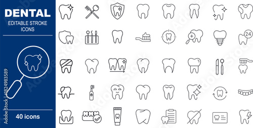 Dental Care and Oral Health Vector Icons. Set of 40 editable stroke symbols for dentistry, tools, and procedures. Includes teeth, toothbrush, and dental examination tools