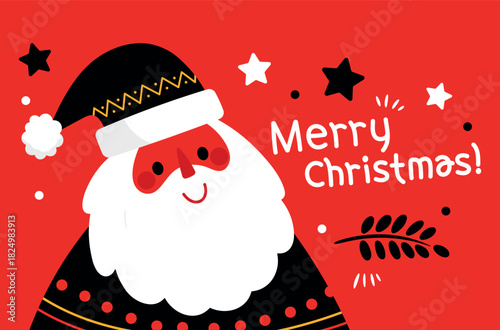 Cute Santa Claus vector illustration with a black hat and festive decorations. Merry Christmas text. Perfect for Christmas cards, posters, invitations, banners, and holiday designs.