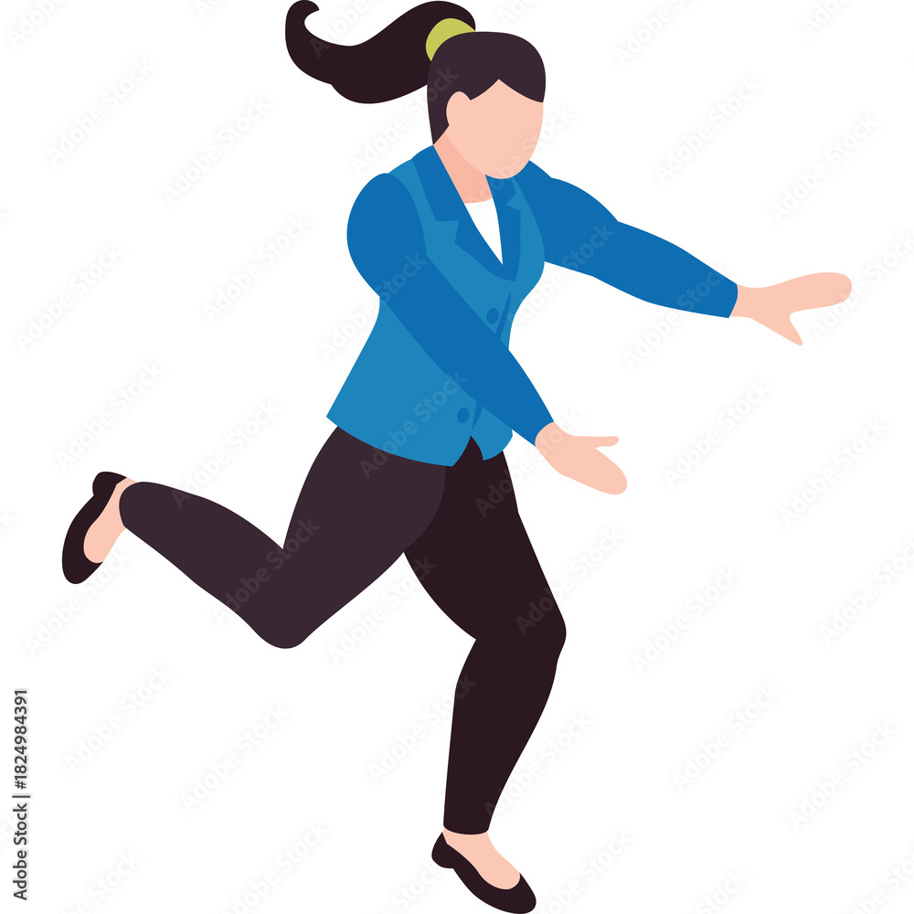 Fototapeta premium Woman In Blue Jacket And Black Pants Running With Arms Outstretched In A Dynamic Pose Isolated On A White Background