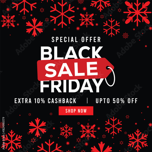 Black Friday sale banner with red price tag, white sale text and decorative snowflakes on black background, featuring special offer message, extra cashback and discount promotion.