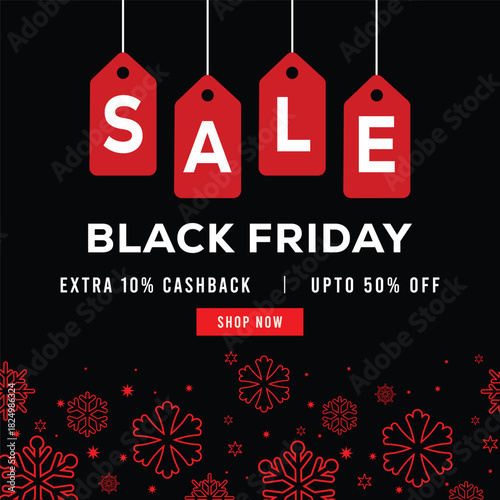 Black Friday sale banner with red price tag, white sale text and decorative snowflakes on black background, featuring special offer message, extra cashback and discount promotion.