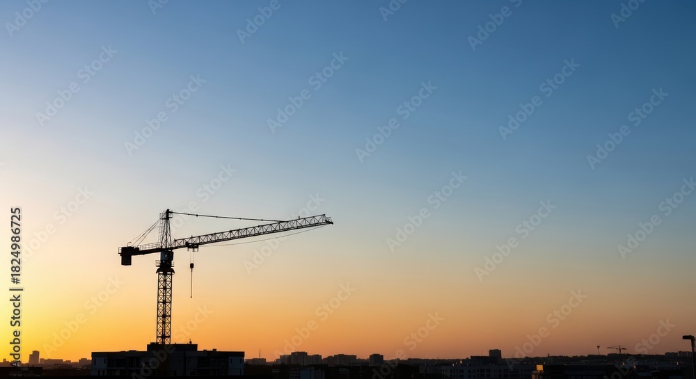 Fototapeta premium Silhouette of construction crane against sunset sky in urban landscape