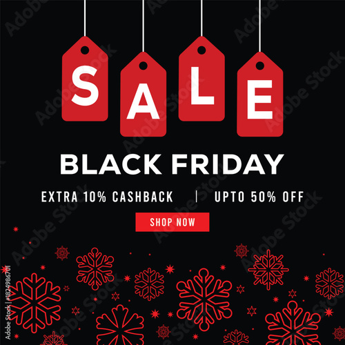 Black Friday sale banner with red price tag, white sale text and decorative snowflakes on black background, featuring special offer message, extra cashback and discount promotion.