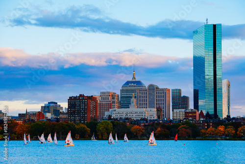 Boston, Massachusetts, USA: 10 25 2025:  Boston Charles river sunset fall landscape