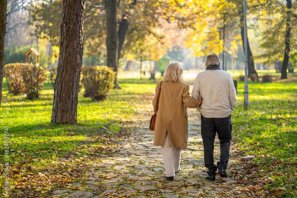 Fototapeta premium Senior couple strolling through a park on a sunny autumn day