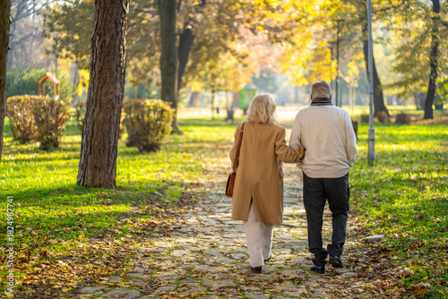 Senior couple strolling through a park on a sunny autumn day