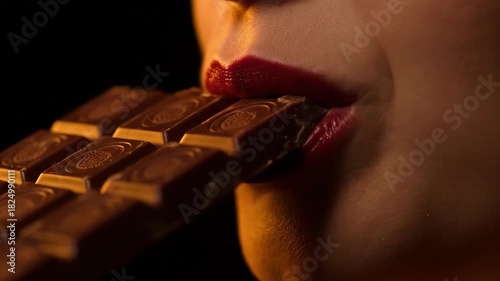 Close-up of a womans mouth with red lipstick biting into a bar of dark chocolate, indulging in a sweet treat.