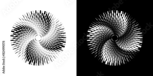 Dynamic abstract spiral sound wave rhythm lines. Circular spiral sound wave rhythm of lines. Circular futuristic abstract lines, black and white background.	