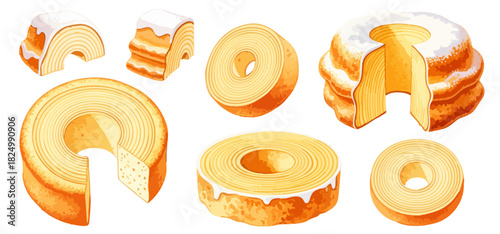 バウムクーヘン（ホール・カット・アイシング）のセットイラスト,ドイツ菓子,焼き菓子,洋菓子,スイーツ,水彩,リアル
