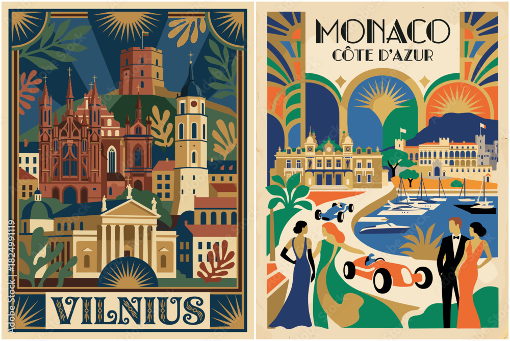 Naklejka premium Vilnius and Monaco Art Deco Travel Poster Set. Historical and Riviera Glamour.