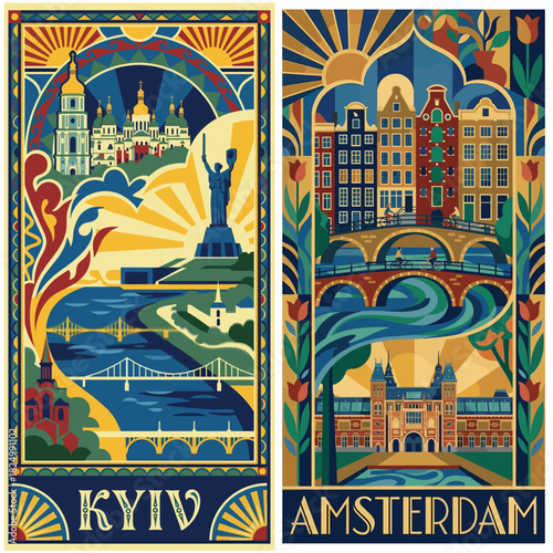 Kyiv and Amsterdam Travel Posters Set. Art Deco European Capital City Illustration.