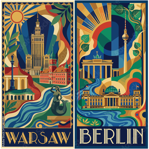 Warsaw Poland and Berlin Germany Art Deco Travel Poster Set. European Capitals.