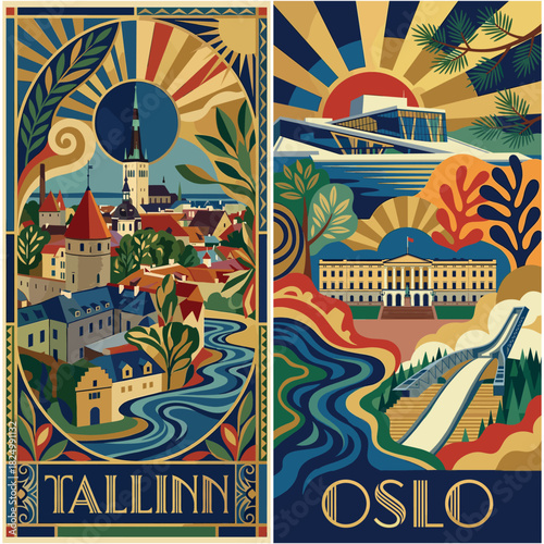 Tallinn Estonia and Oslo Norway Art Deco Travel Poster Duo. Nordic and Baltic Capitals.