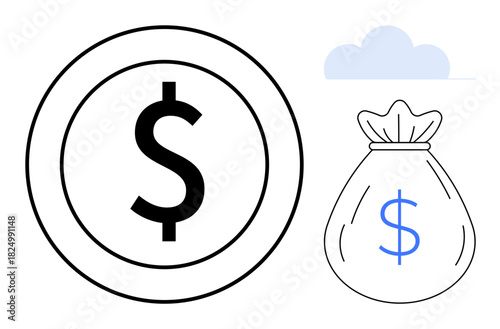 Dollar coin, money bag, and cloud element representing financial themes thumbs up wealth, savings, investment, income, budget planning, economic strategies and prosperity. Ideal for simple flat