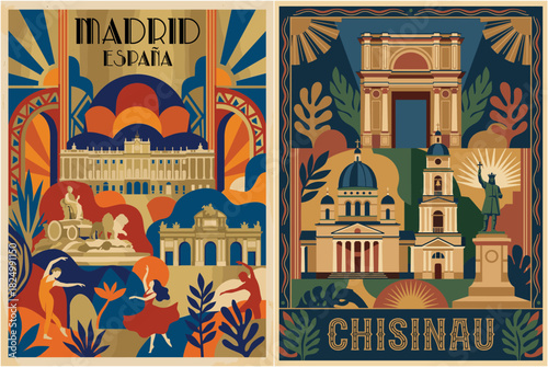 Madrid Spain and Chisinau Moldova Travel Posters Set. Art Deco Cityscape Illustration.