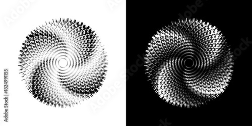 Dynamic abstract spiral sound wave rhythm lines. Circular spiral sound wave rhythm of lines. Circular futuristic abstract lines, black and white background.	