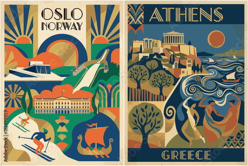 Oslo Norway and Athens Greece Travel Poster Set. Art Deco Historical and Modern Cities.