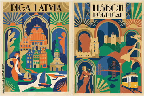 Riga Latvia and Lisbon Portugal Travel Poster Set. Art Deco Coastline and Cityscape Illustration.