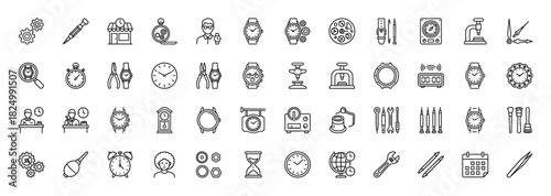 Watch repair and horology line icon set. Vector pictograms of wristwatch, mechanic, clock, gears, screwdriver, loupe, tweezers and timer, thin linear illustration.