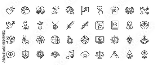 Peace and love line icon set. Vector pictograms of dove, heart, globe, olive branch, hand signs, flag and pacifism symbols, thin linear illustration.