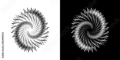 Dynamic abstract spiral sound wave rhythm lines. Circular spiral sound wave rhythm of lines. Circular futuristic abstract lines, black and white background.	