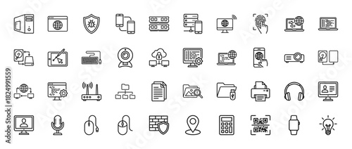 Technology and computing line icon set. Vector pictograms of server, laptop, storage, development, and network equipment, thin linear illustration.