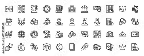 Gambling and casino line icon set. Vector pictograms of playing cards, slot machine, roulette wheel, and money, thin linear illustration.