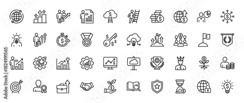 Business and finance line icon set. Vector pictograms of success, money, growth, target, and achievement, thin linear illustration.