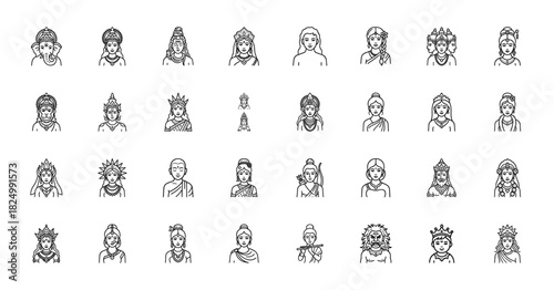 Hindu deities and mythological figures line icon set. Vector pictograms of ganesha, shiva, vishnu, krishna, buddha, hanuman, and other religious characters, thin linear illustration.