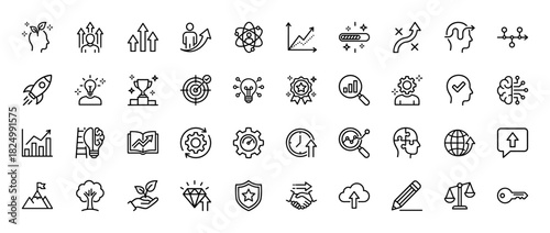Business and personal growth line icon set. Vector pictograms of success, target, management, and idea, thin linear illustration.
