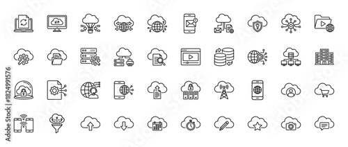 Technology and cloud computing line icon set. Vector pictograms of server, database, security, and mobile data transfer, thin linear illustration.