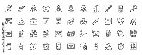 Detective and crime investigation line icon set. Vector pictograms of handcuffs, gun, knife, magnifying glass, and fingerprint, thin linear illustration.