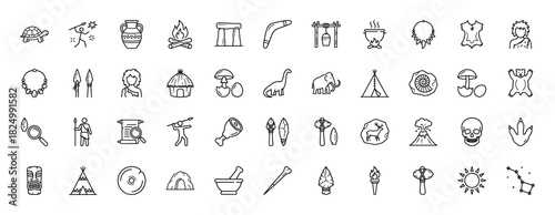 Prehistoric stone age line icon set. Vector pictograms of caveman, spear, stone tools, dinosaur, and mammoth, thin linear illustration.