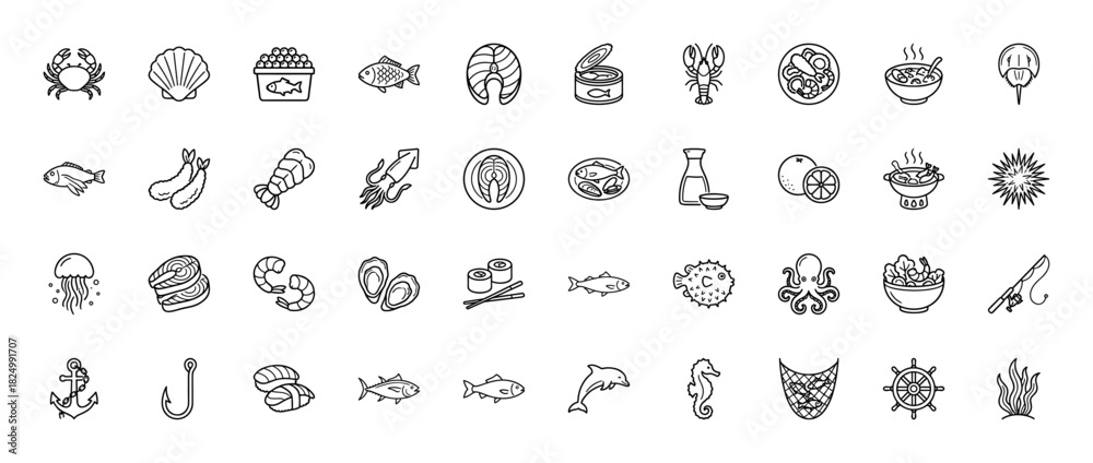 Naklejka premium Seafood and fishing line icon set. Vector pictograms of lobster, crab, salmon, octopus, and sushi, thin linear illustration.
