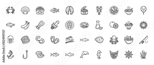 Seafood and fishing line icon set. Vector pictograms of lobster, crab, salmon, octopus, and sushi, thin linear illustration.