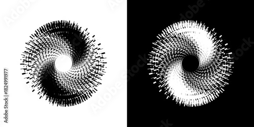 Dynamic abstract spiral sound wave rhythm lines. Circular spiral sound wave rhythm of lines. Circular futuristic abstract lines, black and white background.	