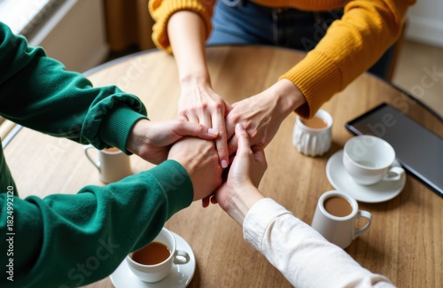 Teamwork among colleagues with hands joined over a coffee break during collaboration